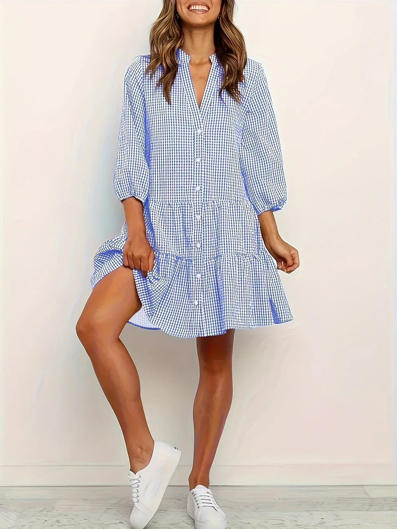 Women’s Gingham Smock Mini Flowy Mini Dress