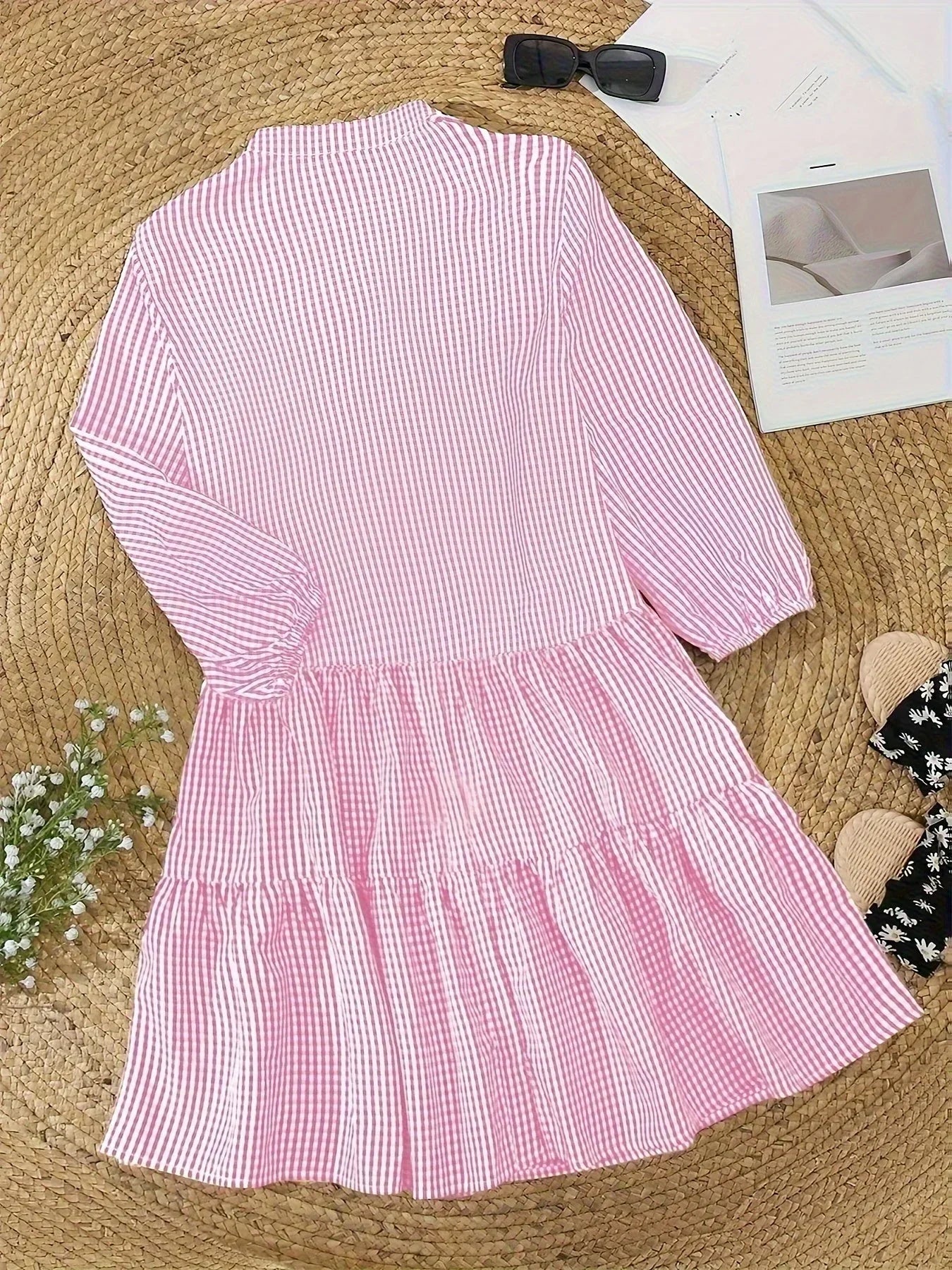 Gingham Mini Dress with 3/4 Sleeves for Women