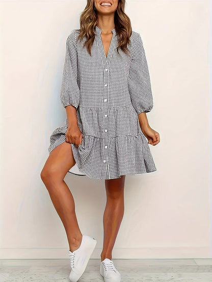 Gingham Mini Dress with 3/4 Sleeves for Women