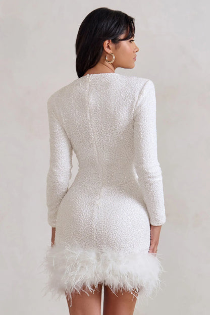 Women’s Feather Trim Long Sleeve  Mini Dress
