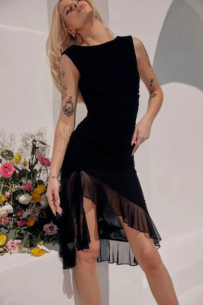 Women’s Sleeveless Ruched Midi Dress with Asymmetrical Hem