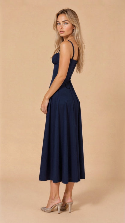 Women's Corset-Inspired Midi Dress with Structured Silhouette