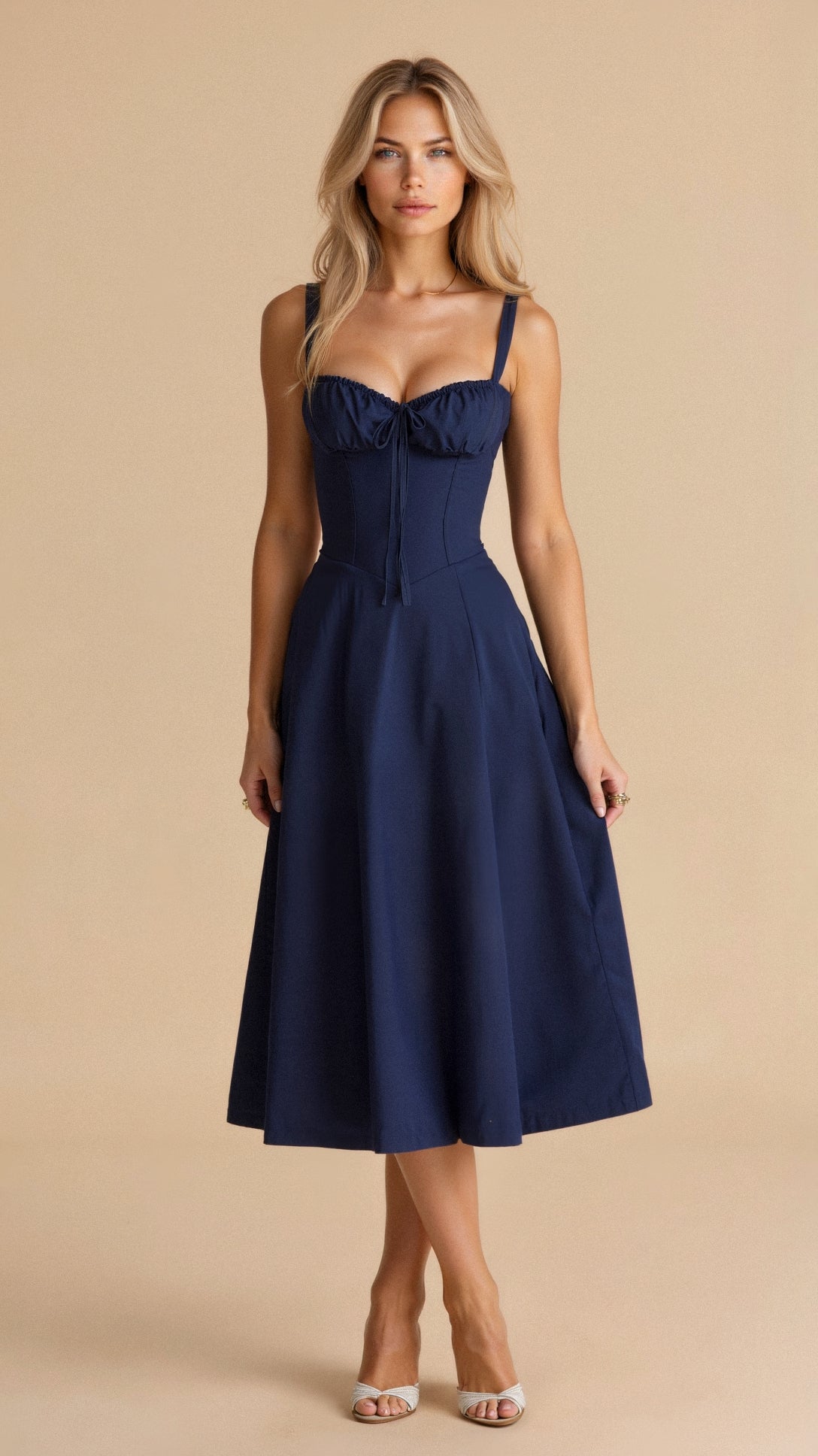 Women's Corset-Inspired Midi Dress with Structured Silhouette