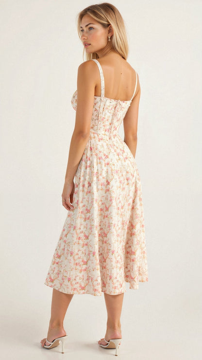 Women's Corset-Inspired Midi Dress with Structured Silhouette