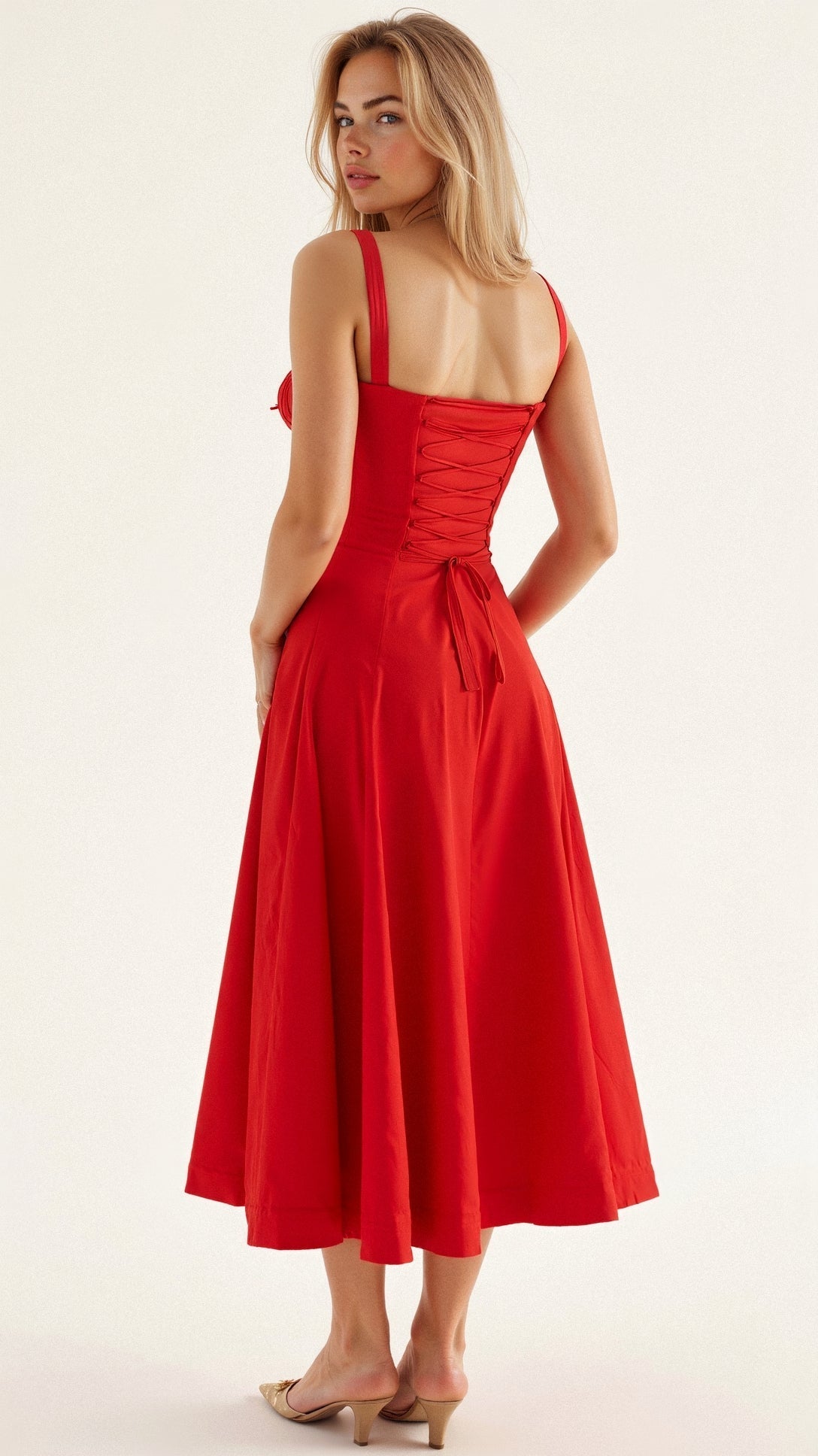 Women's Corset-Inspired Midi Dress with Structured Silhouette