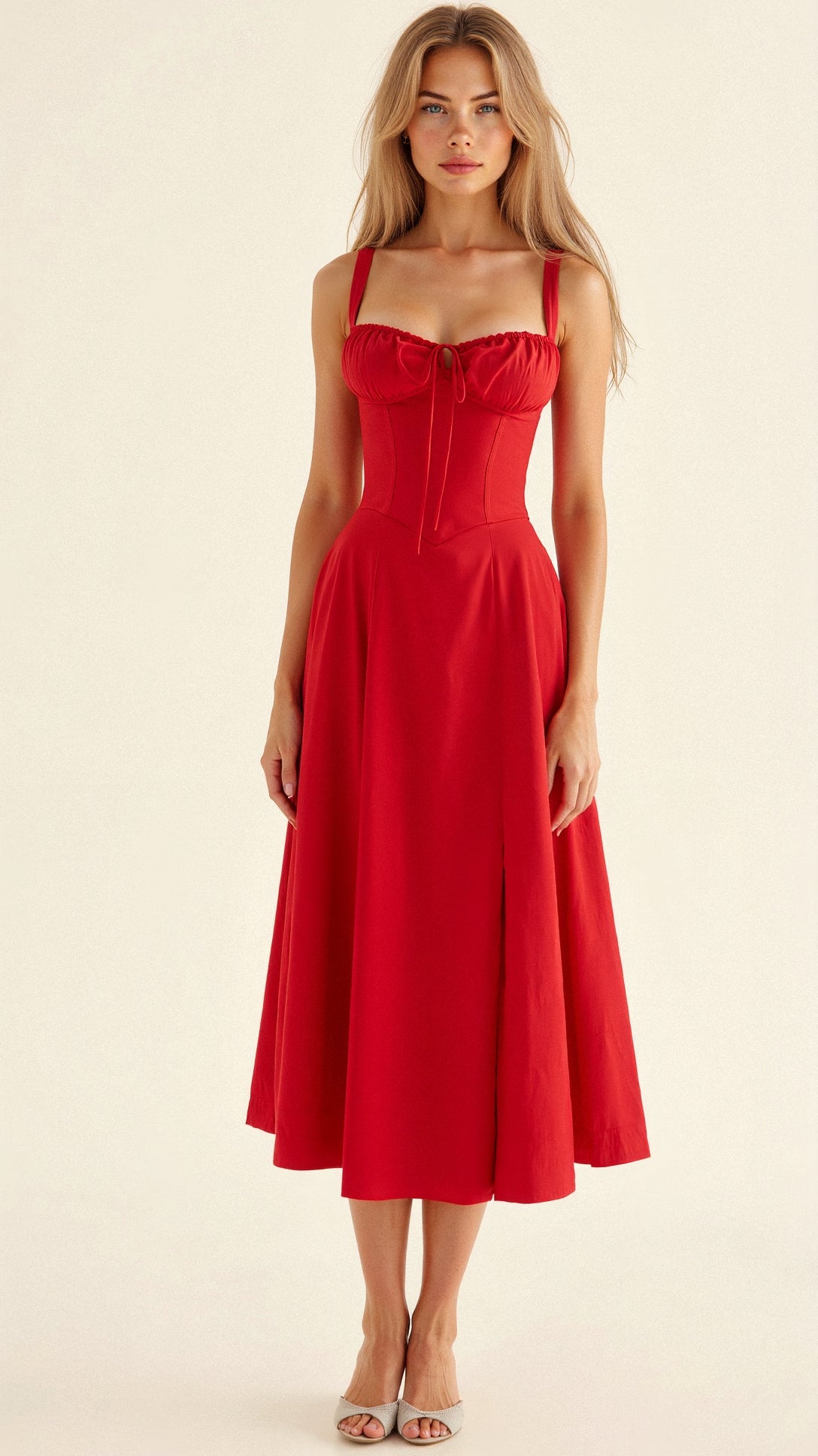 Women's Corset-Inspired Midi Dress with Structured Silhouette