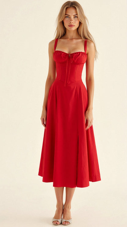 Women's Corset-Inspired Midi Dress with Structured Silhouette