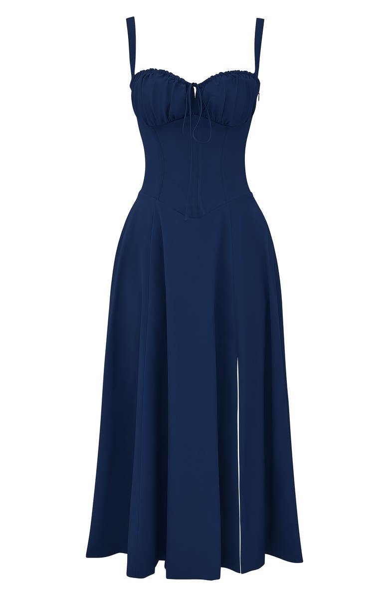 Women's Corset-Inspired Midi Dress with Structured Silhouette