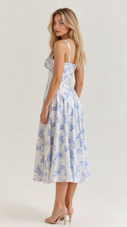 Women's Corset-Inspired Midi Dress with Structured Silhouette