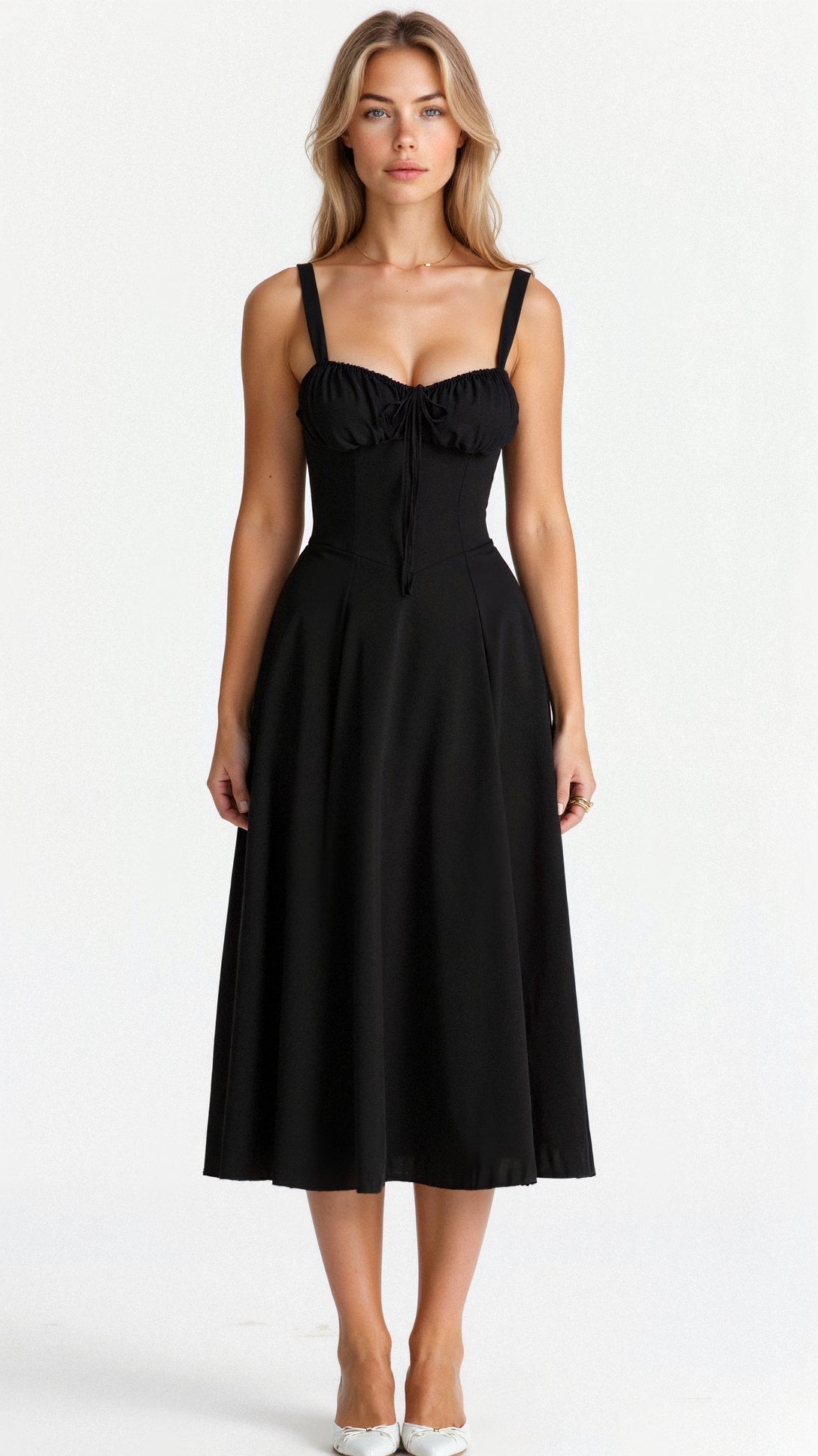 Women's Corset-Inspired Midi Dress with Structured Silhouette