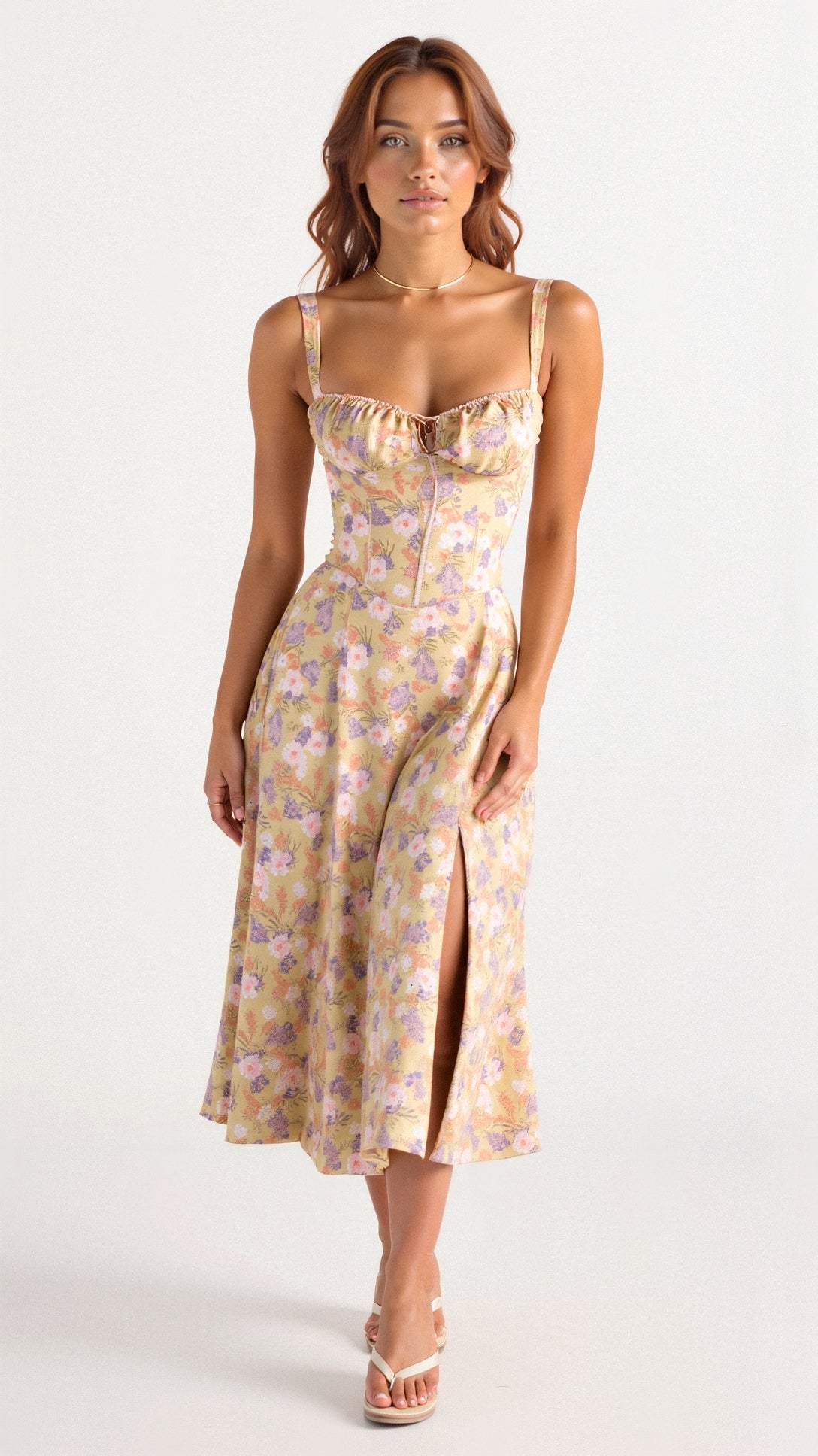 Women's Corset-Inspired Midi Dress with Structured Silhouette