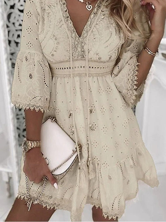 Women’s Bohemian Eyelet Mini Dress with V-Neck and Bell Sleeves