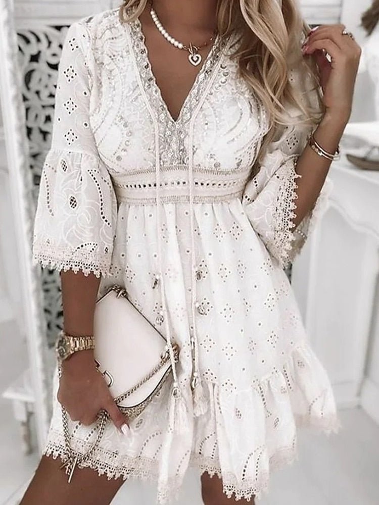Women’s Bohemian Eyelet Mini Dress with V-Neck and Bell Sleeves