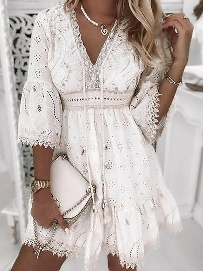 Women’s Bohemian Eyelet Mini Dress with V-Neck and Bell Sleeves