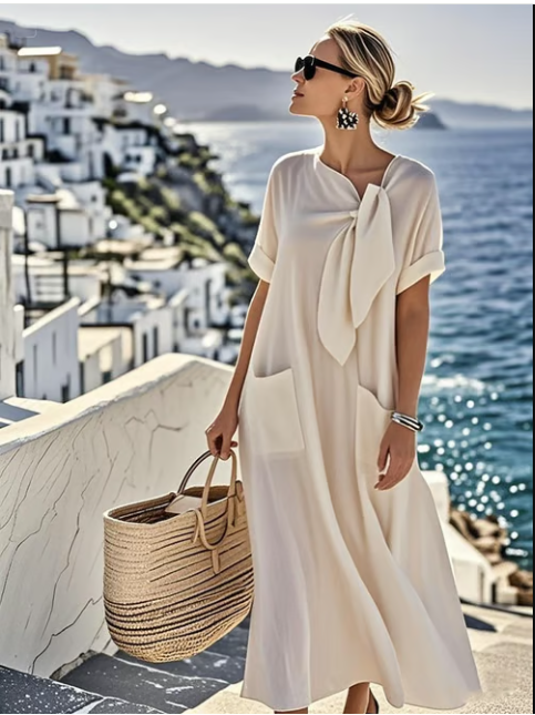 Elegant Coastal Tie-Neck Flowing Midi Dress for Women