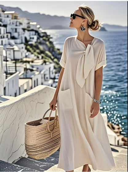 Elegant Coastal Tie-Neck Flowing Midi Dress for Women