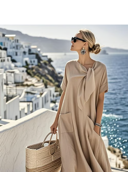 Elegant Coastal Tie-Neck Flowing Midi Dress for Women