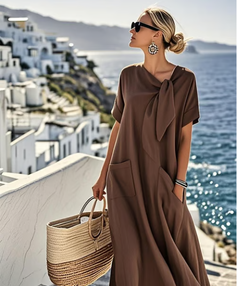 Elegant Coastal Tie-Neck Flowing Midi Dress for Women