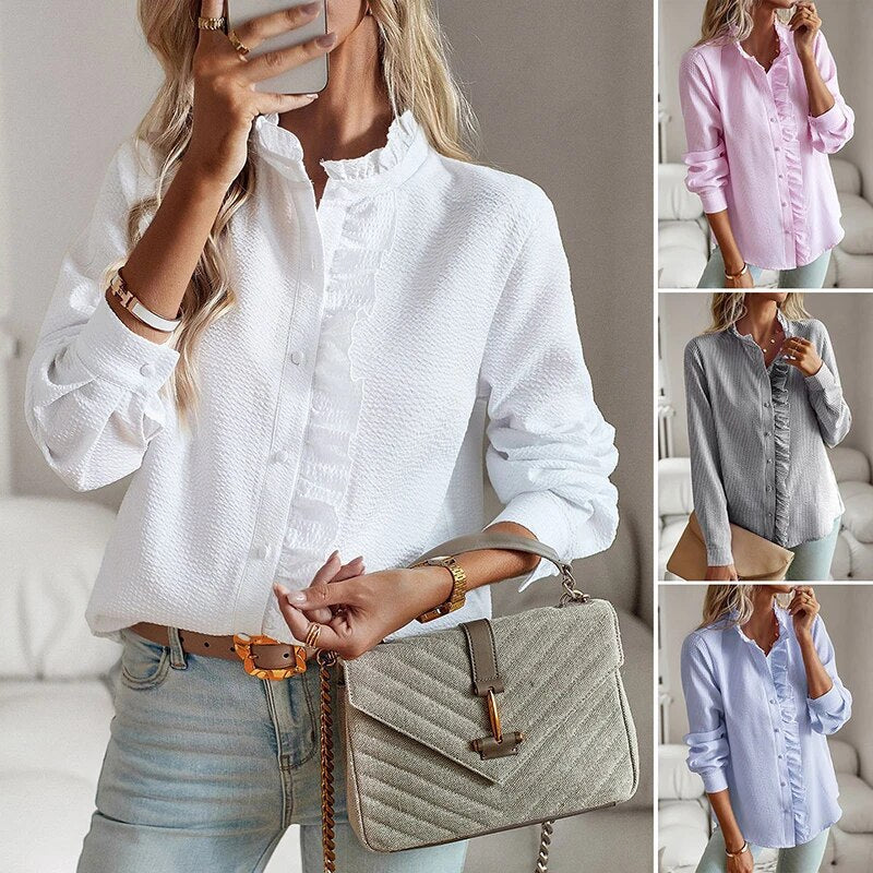 Elegant Ruffle-Trim Button-Front Blouse for Women