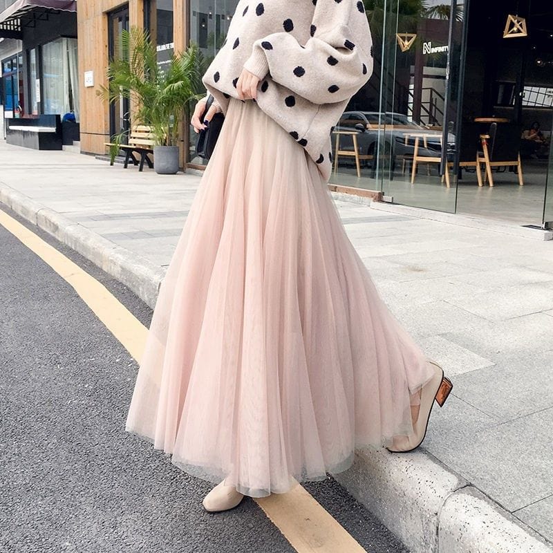 Women’s Layered Tulle Maxi Skirt with Elastic Waist