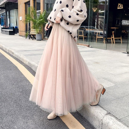 Women’s Layered Tulle Maxi Skirt with Elastic Waist