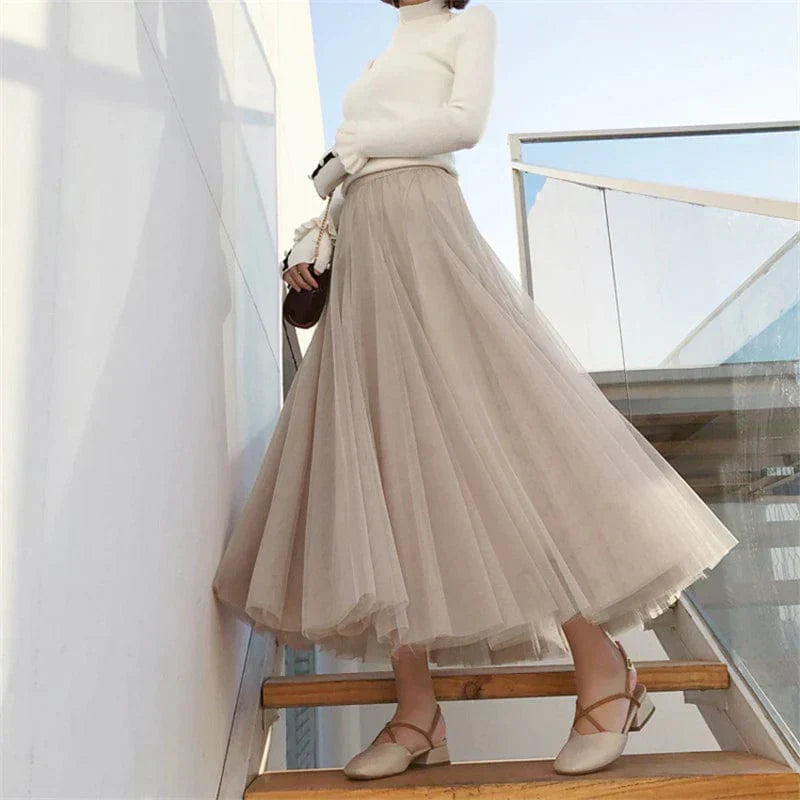 Women’s Layered Tulle Maxi Skirt with Elastic Waist