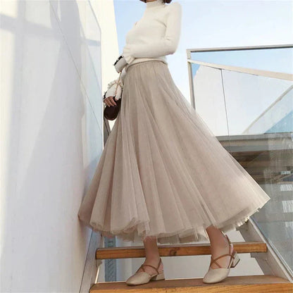 Women’s Layered Tulle Maxi Skirt with Elastic Waist