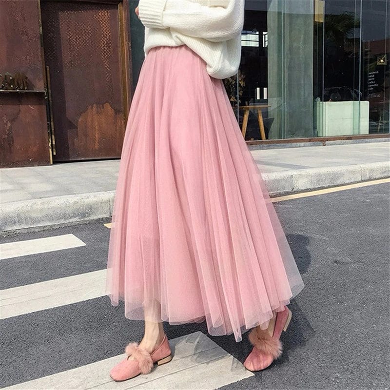 Women’s Layered Tulle Maxi Skirt with Elastic Waist