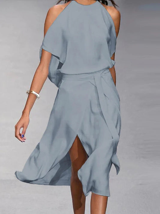 Women's Halter Neck Midi Dress with Flowy Wrap Skirt