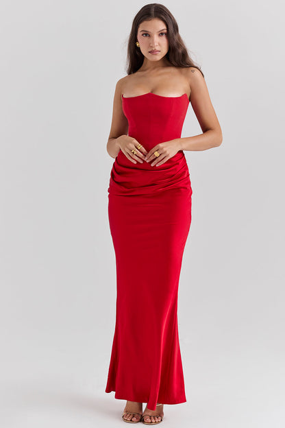 Women’s Strapless Ruched Maxi Dress with Mermaid Hem