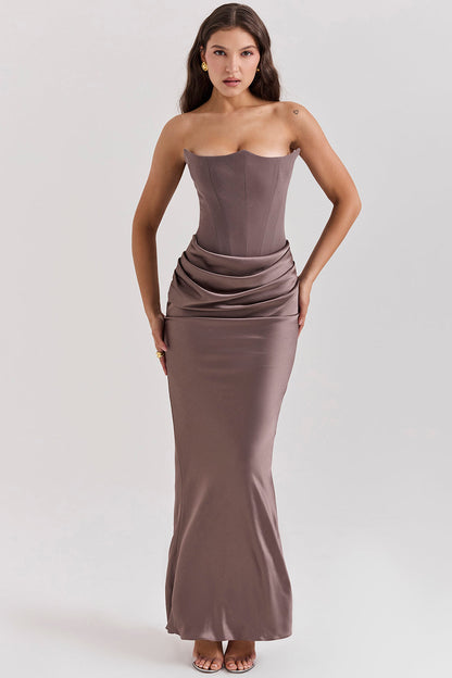 Women’s Strapless Ruched Maxi Dress with Mermaid Hem