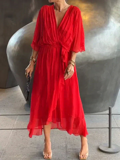 Wrap Midi Dress V-Neck Belted