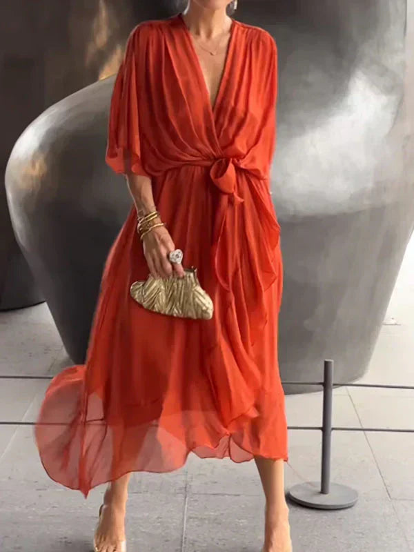 Wrap Midi Dress V-Neck Belted