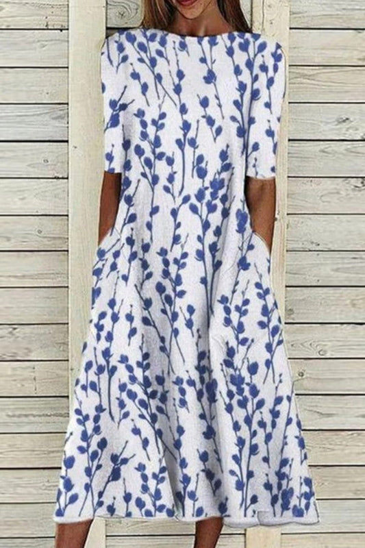 Women's Botanical Print Crew Neck Half Sleeve Midi Dress