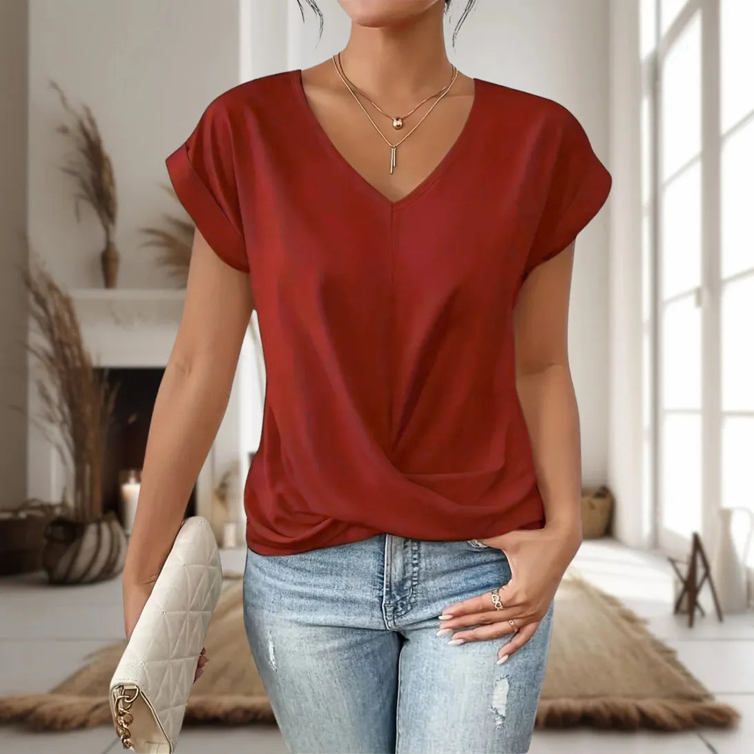 Casual V-Neck Top Women Short Sleeve Loose Fit