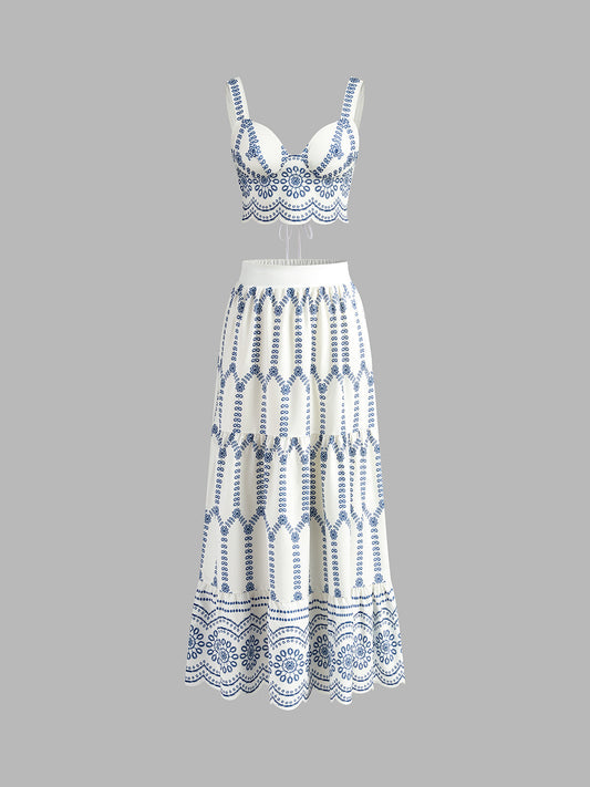 Printed Sleeveless Tie Back Skirt Set for Women