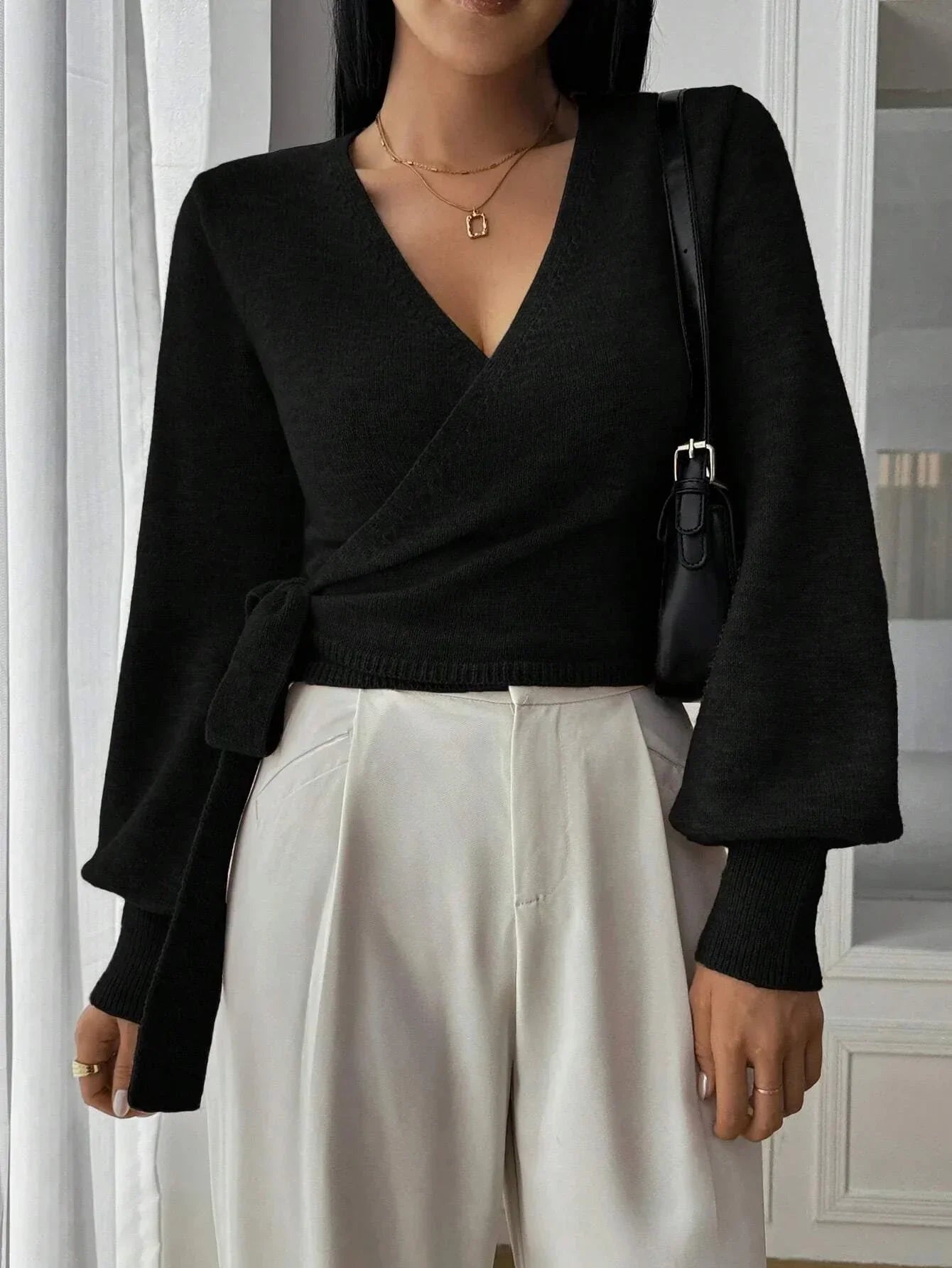 Women’s Long Sleeve Wrap Sweater with Waist Tie and Flared Sleeves