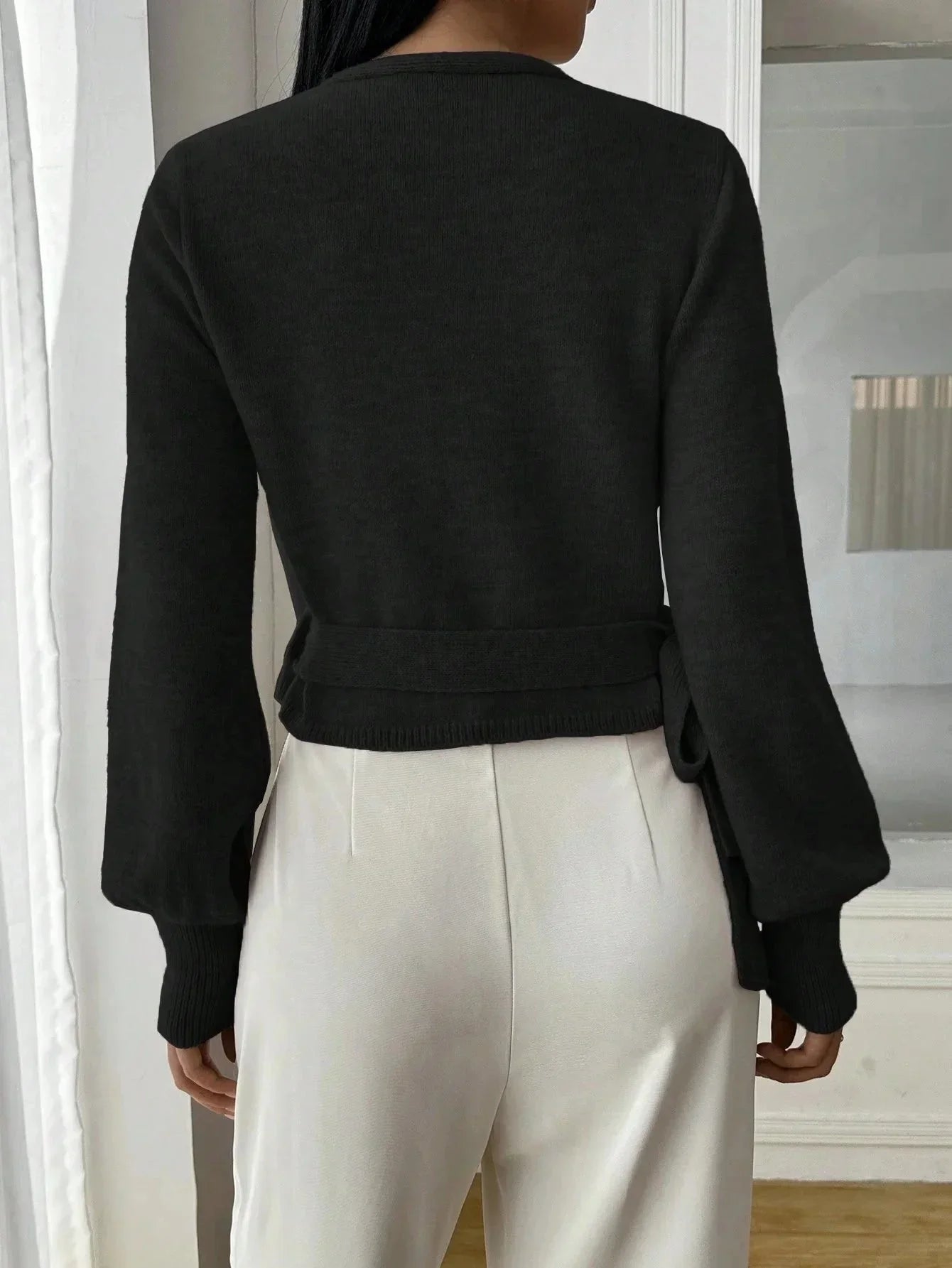 Women’s Long Sleeve Wrap Sweater with Waist Tie and Flared Sleeves