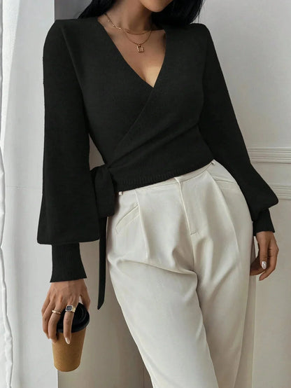 Women’s Long Sleeve Wrap Sweater with Waist Tie and Flared Sleeves