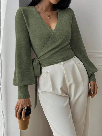 Women's Wrap Sweater with Adjustable Tie Belt