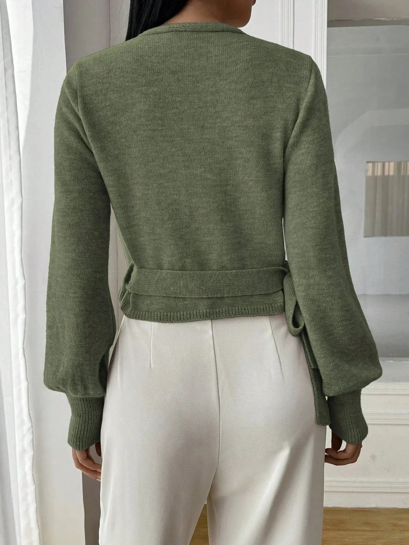 Women’s Long Sleeve Wrap Sweater with Waist Tie and Flared Sleeves
