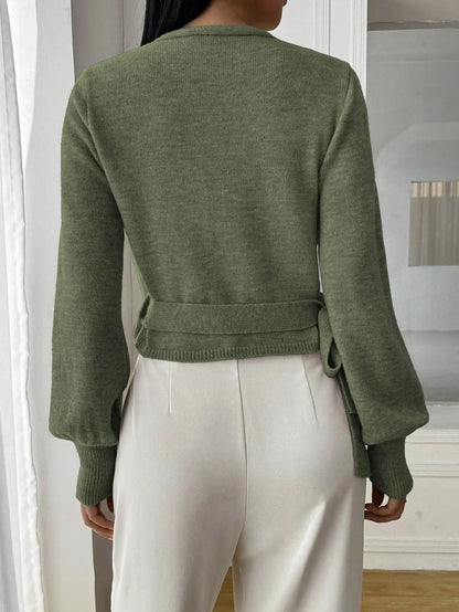 Women’s Long Sleeve Wrap Sweater with Waist Tie and Flared Sleeves