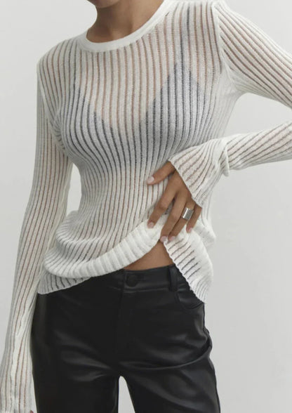 Sheer Ribbed Long Sleeve Top for Women