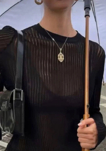 Sheer Ribbed Long Sleeve Top for Women
