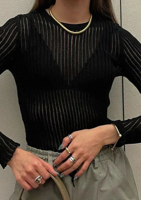 Sheer Ribbed Long Sleeve Top for Women