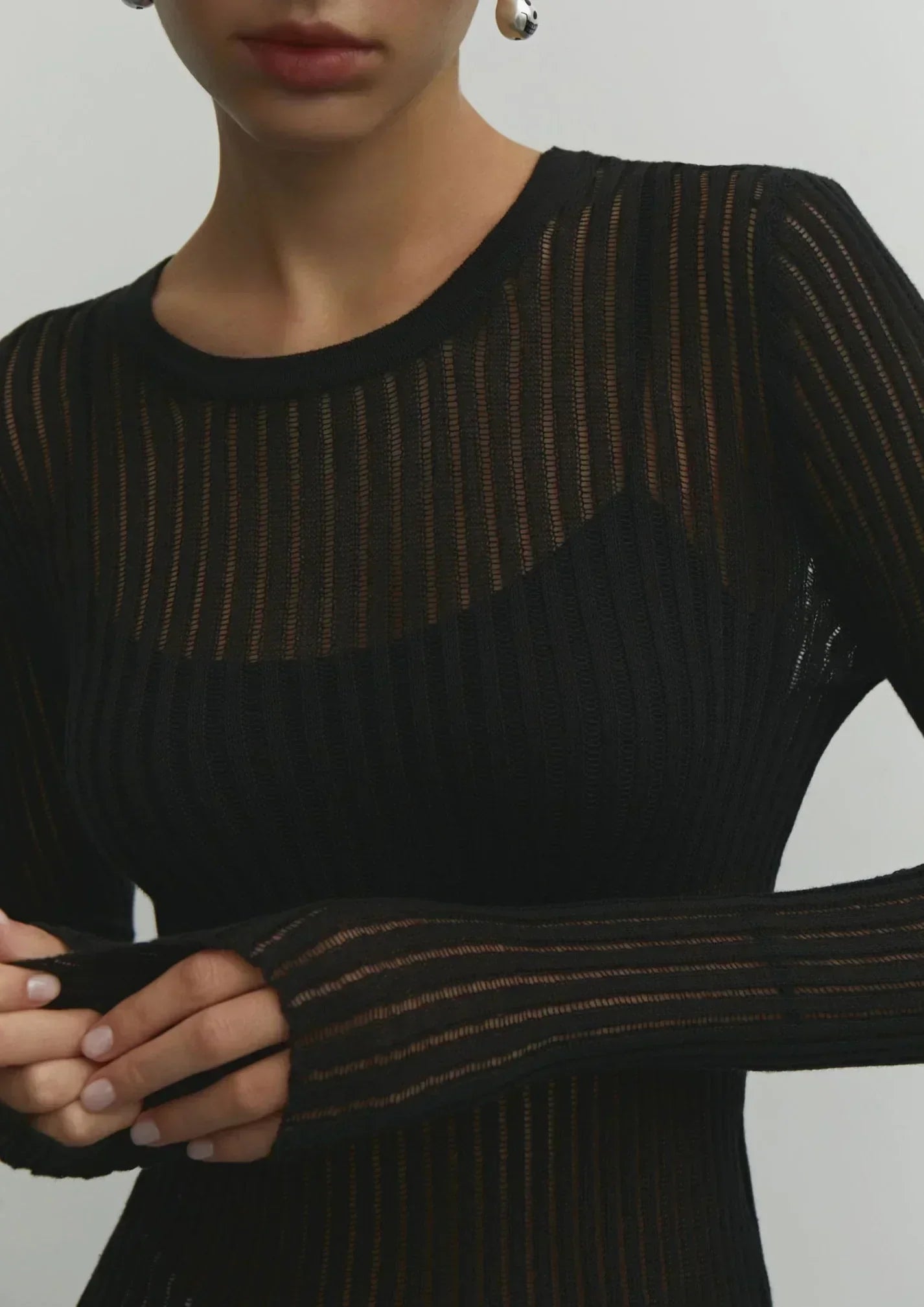 Sheer Ribbed Long Sleeve Top for Women