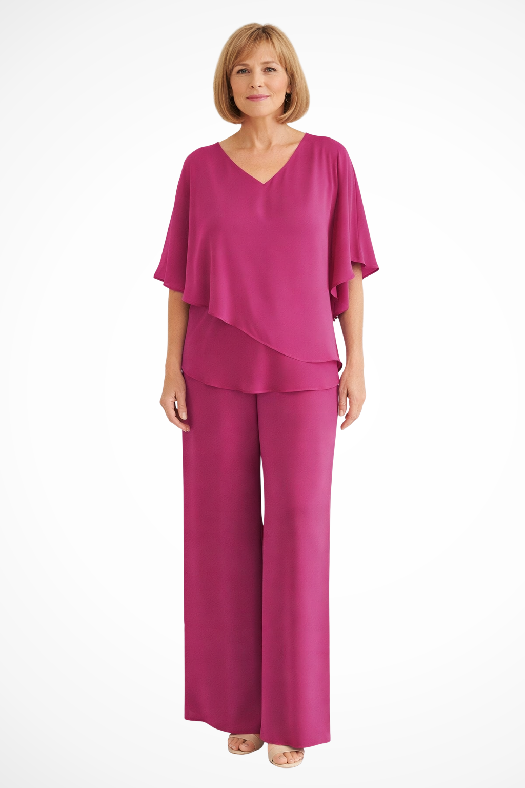 Elegant Women’s Two Piece Set V Neck Batwing Sleeve Top Wide Leg Trousers