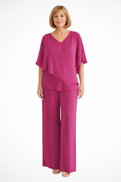 Elegant Women’s Two Piece Set V Neck Batwing Sleeve Top Wide Leg Trousers