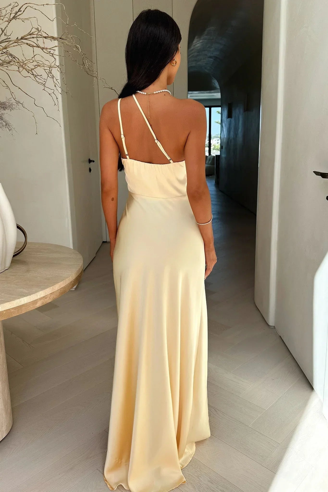 Asymmetrical Maxi Dress with Slit Beige for Women