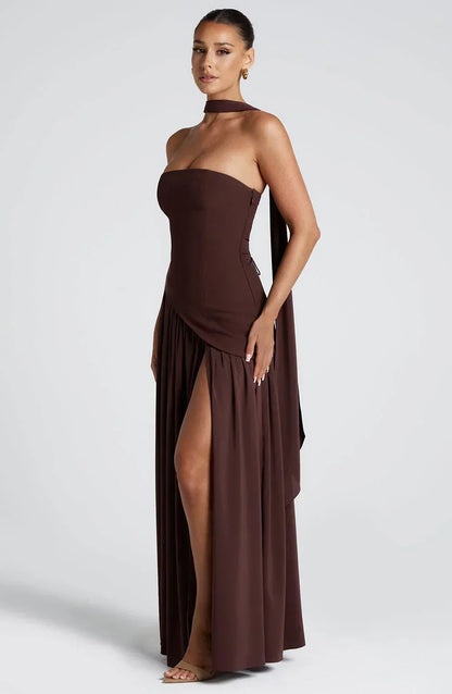 Asymmetric Draped Maxi Dress with Halter Scarf Detail & Front Slit